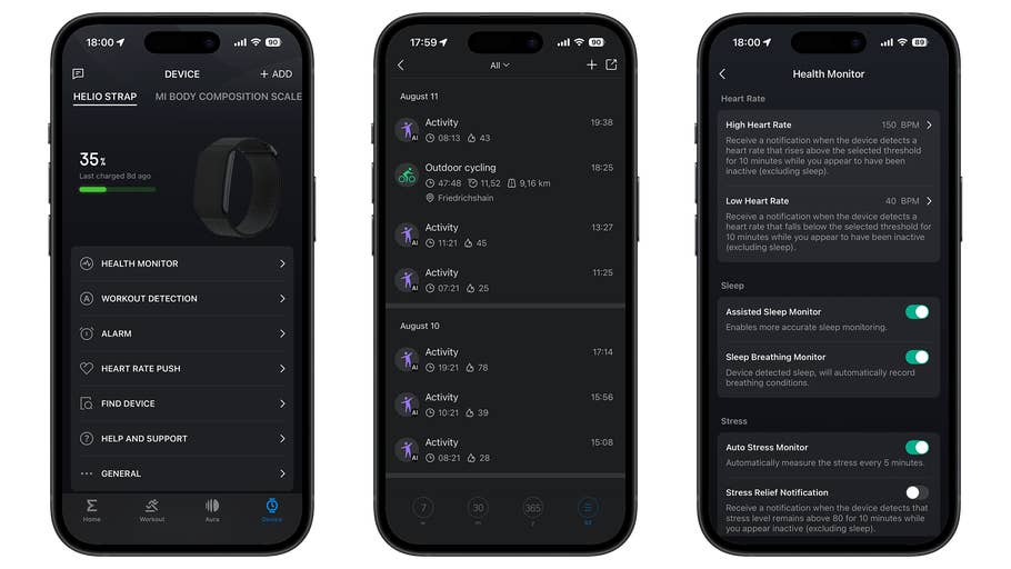 Amazfit Helio Strap app interface showing health monitor features and activity logs.