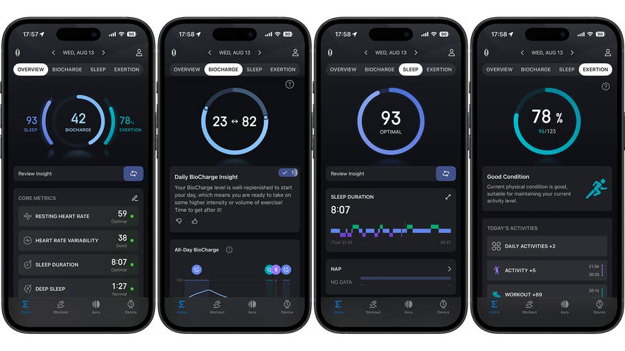 Four smartphone screens displaying health metrics: sleep, biocharge, and exertion data.