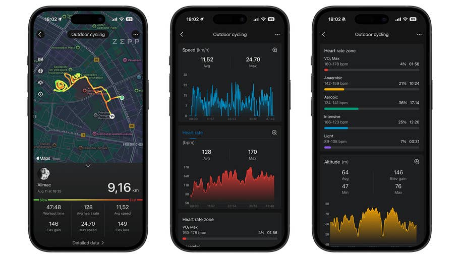 Three smartphone screens showing outdoor cycling data, including route, speed, heart rate, and altitude.