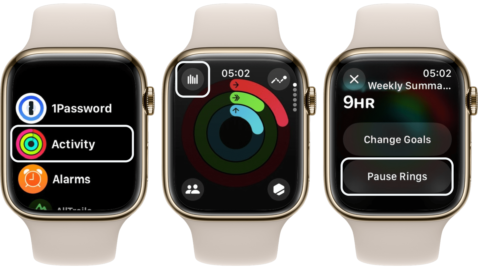 Screenshots on how to pause rings activity on Apple Watch and iPhone Screenshots on how to pause rings activity on Apple Watch and iPhone