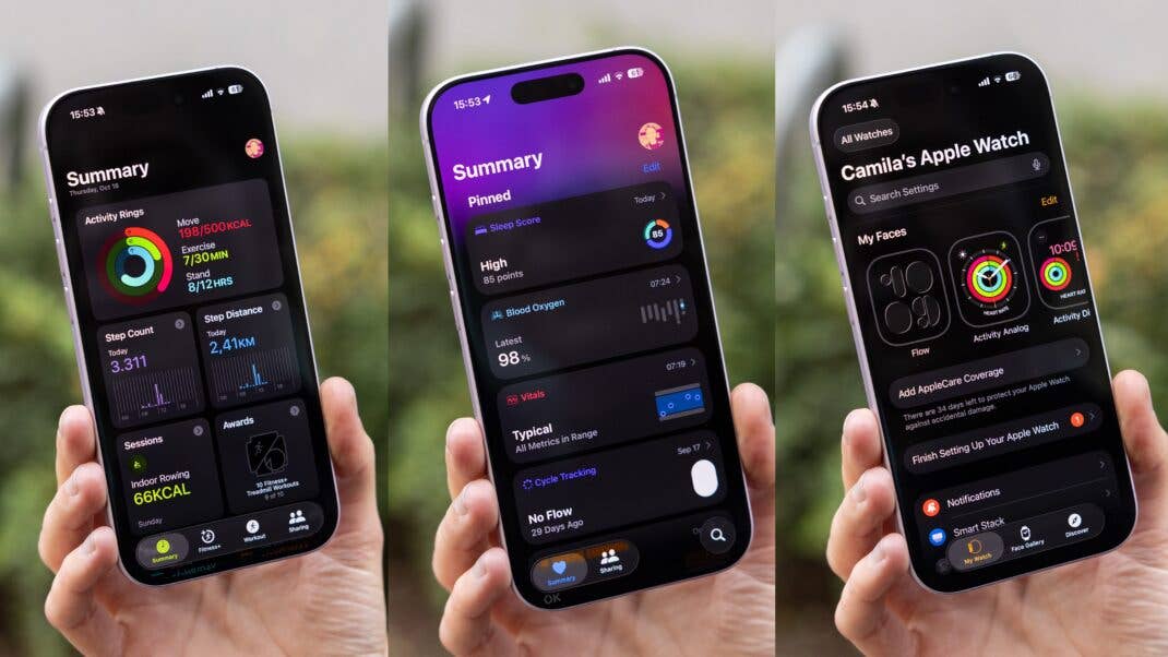 Three smartphones displaying Apple Watch summary screens with activity and health data.