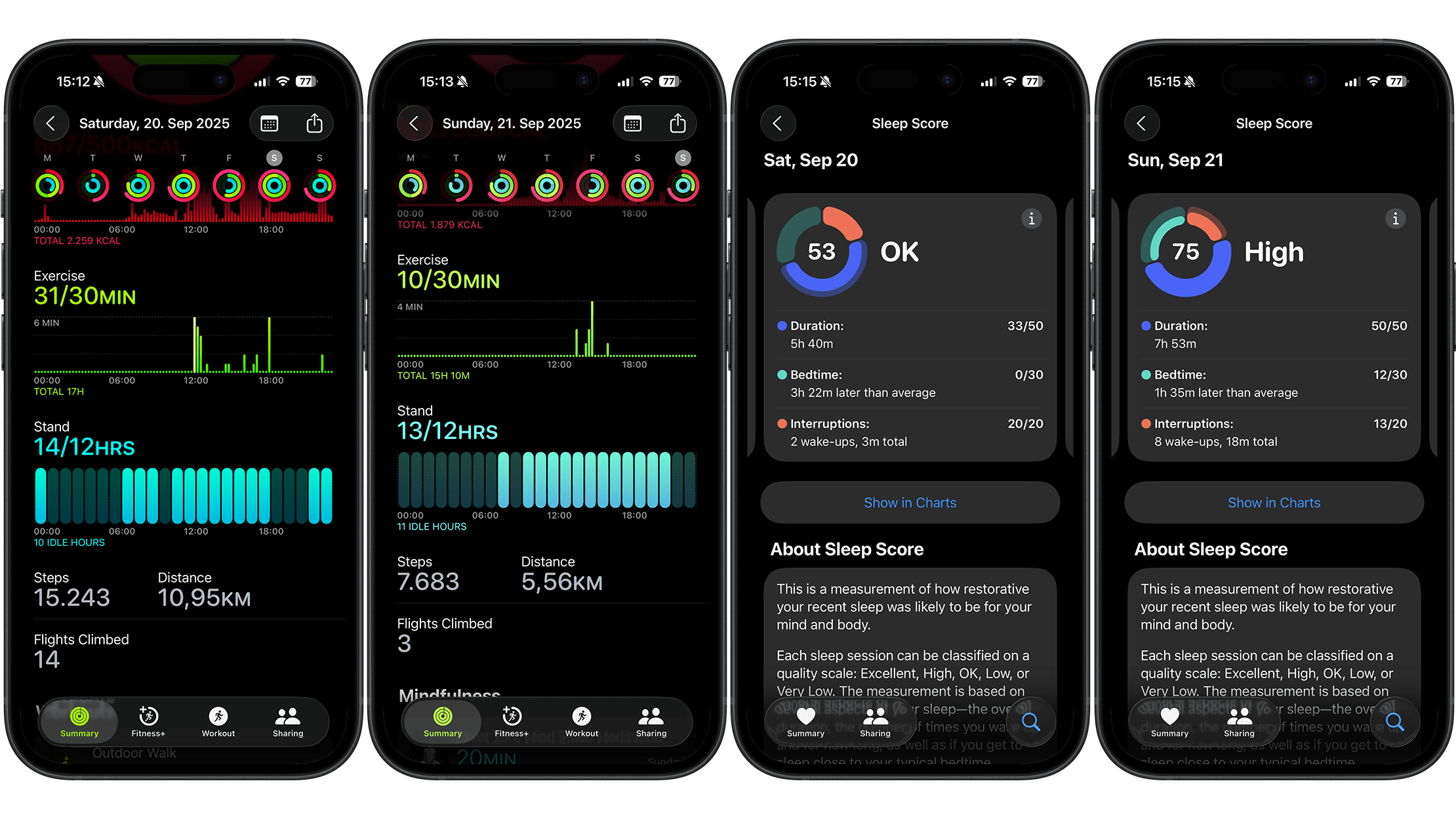 Apple Watch Ultra 3 activity and sleep tracking screens showing exercise, stand hours, and sleep scores.