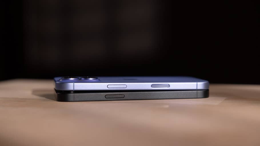 A side view of an Apple iPhone 16e, showcasing its sleek design and dual-camera setup.