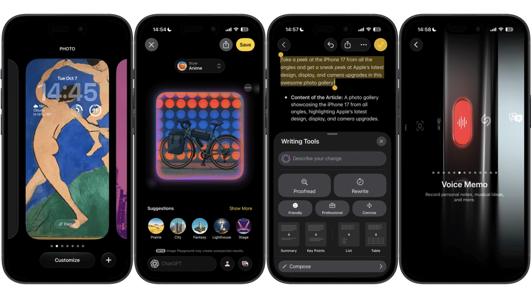 Four images of the Apple iPhone 17 showcasing its design, display, and camera features.