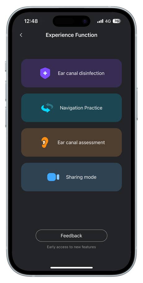 Smartphone screen displaying Bebird app features: ear canal disinfection, navigation, assessment, sharing.