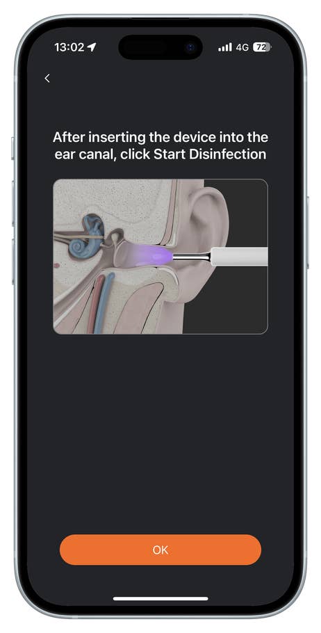 Device insertion instructions for ear canal disinfection on a mobile screen.