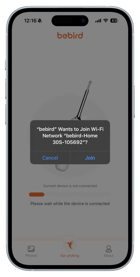 Bebird app notification to join Wi-Fi network u0027bebird-HOME 30S-105692u0027.