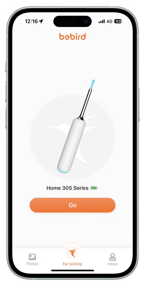Bebird app interface showing Home 30S Series ear cleaning tool with u0027Gou0027 button.