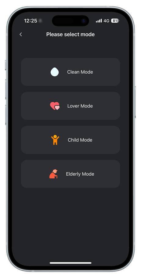 Mobile interface displaying mode selection for Bebird: Clean, Lover, Child, Elderly.