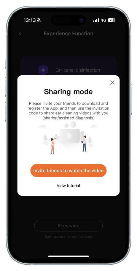 Bebird app screen showing sharing mode and invitation to invite friends for ear cleaning videos.