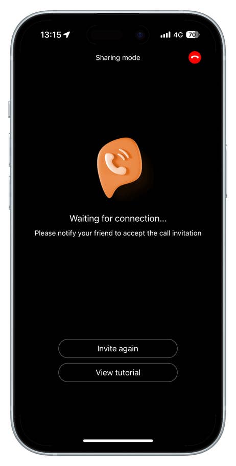 Bebird app screen in sharing mode, waiting for connection, with options to invite again or view tutorial.