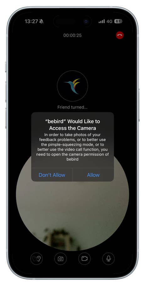 A smartphone screen showing a camera access request from the app u0027bebirdu0027.