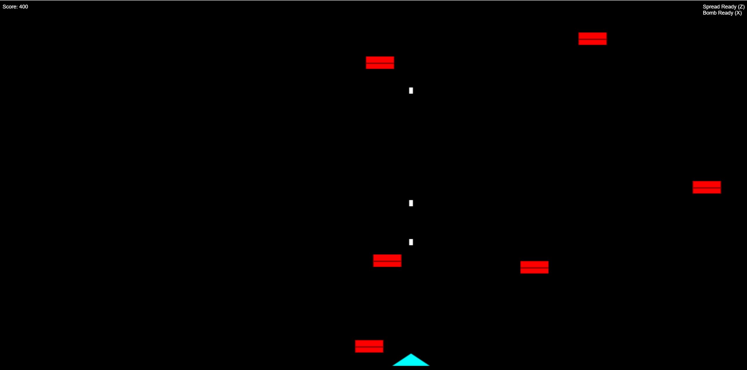 A game screen showing a score of 4400 with red obstacles and a blue triangular player at the bottom.