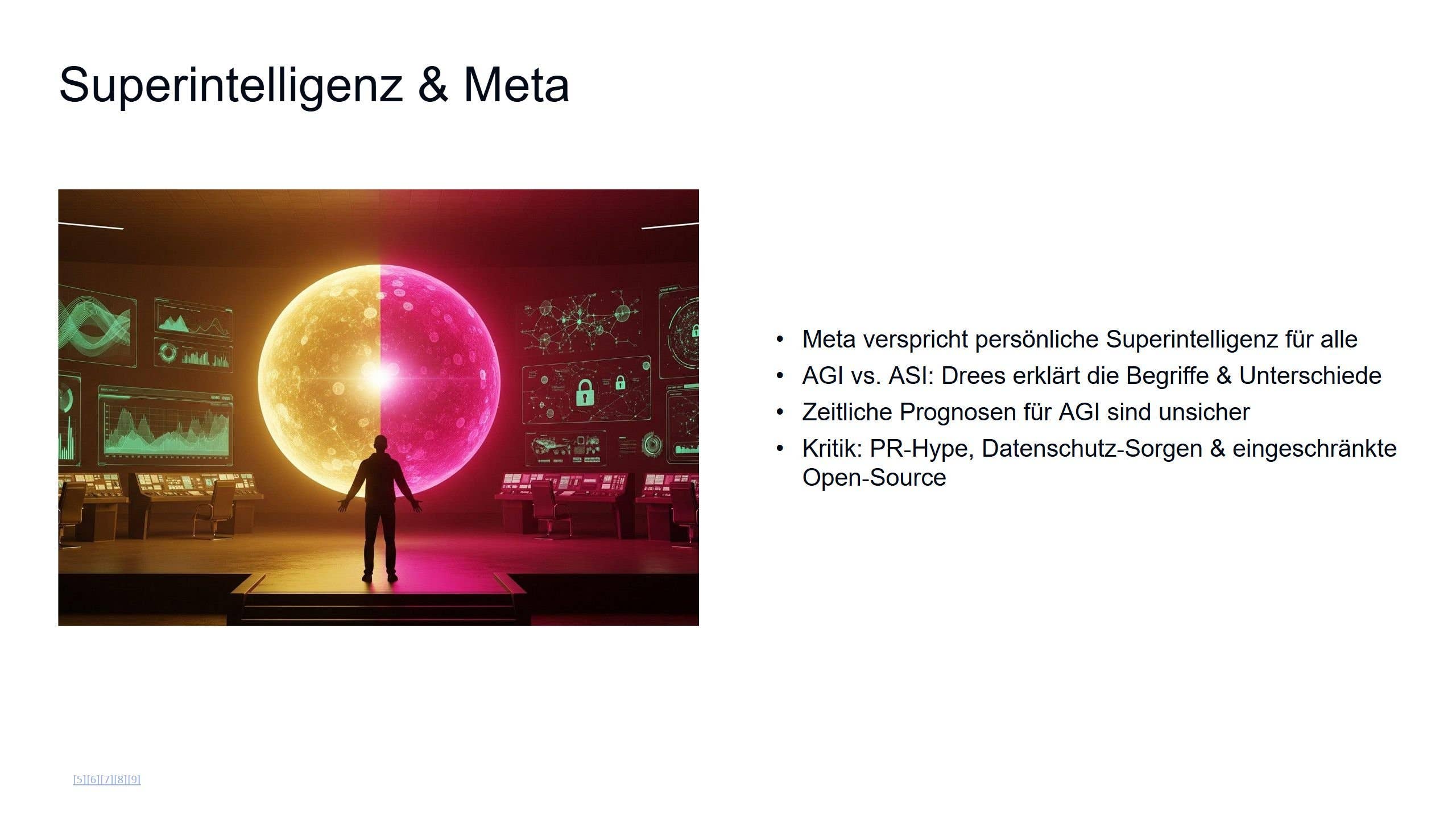 A person stands before a glowing sphere in a high-tech room with data displays. Text discusses superintelligence.