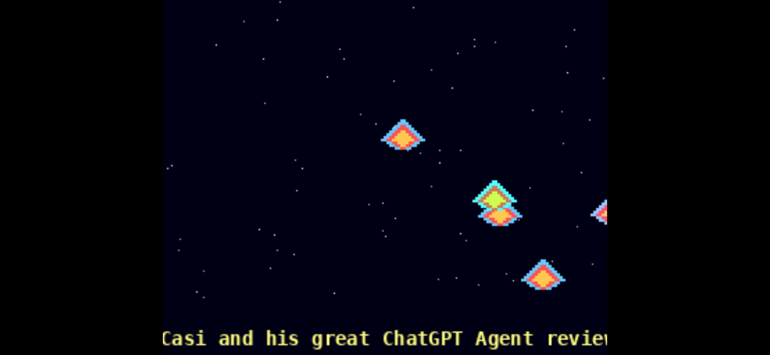 A dark space scene with colorful shapes and the text 'Casi and his great ChatGPT Agent review.'