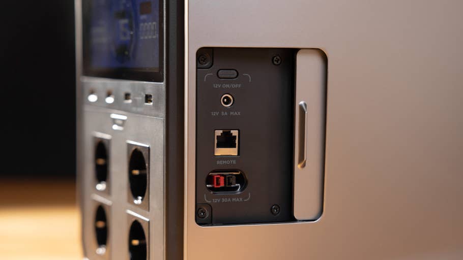 Close-up of the EcoFlow Delta Pro 3 power station showing ports and control panel.