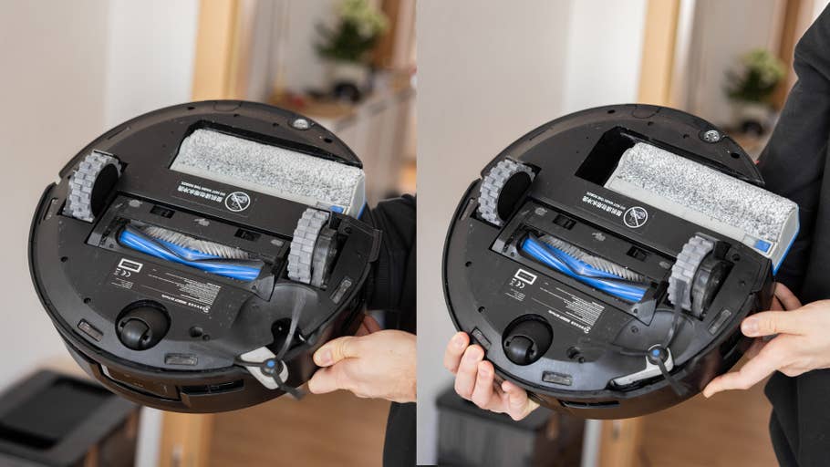 A person holds the Ecovacs Deebot X8 Pro Omni robot vacuum and shows its underside and features.
