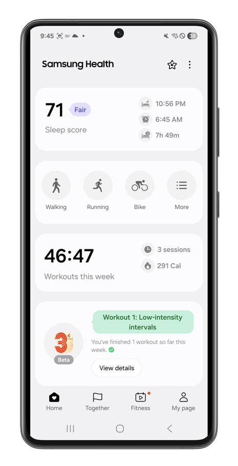 Samsung Galaxy Watch 8 Classic displaying Samsung Health app with sleep score and workout details.