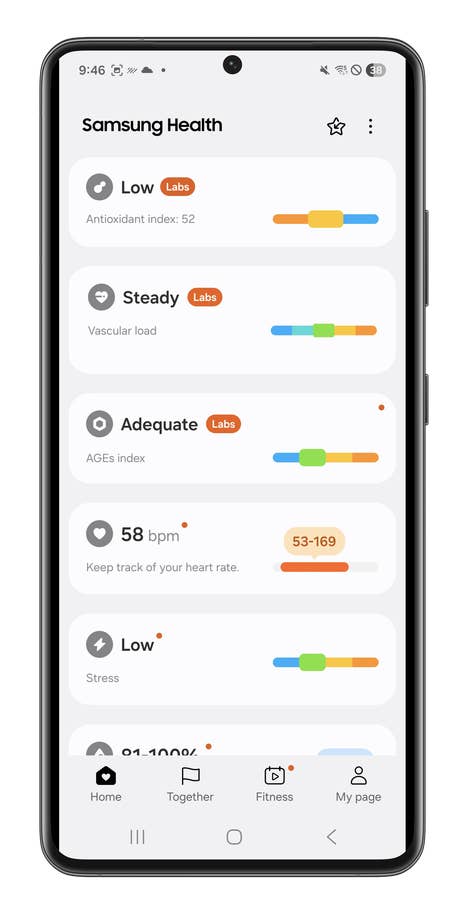 Samsung Health app displaying health metrics, including heart rate and antioxidant index.