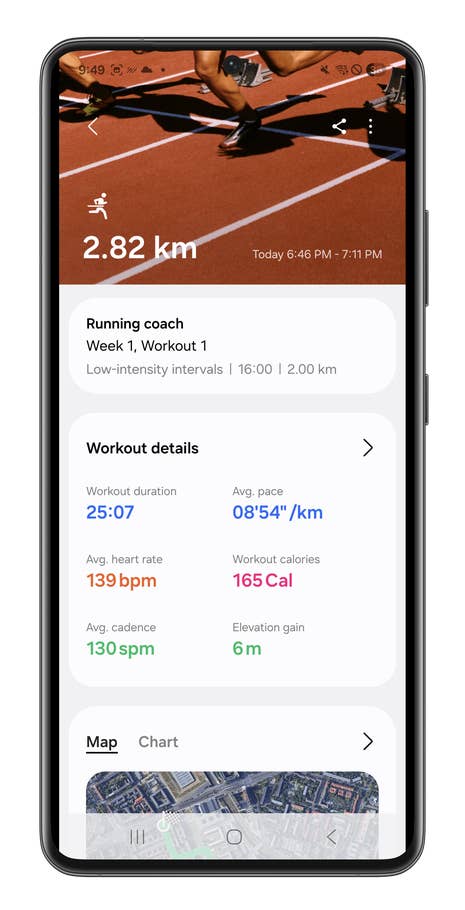 Samsung Galaxy Watch 8 Classic displaying workout details for a running session.