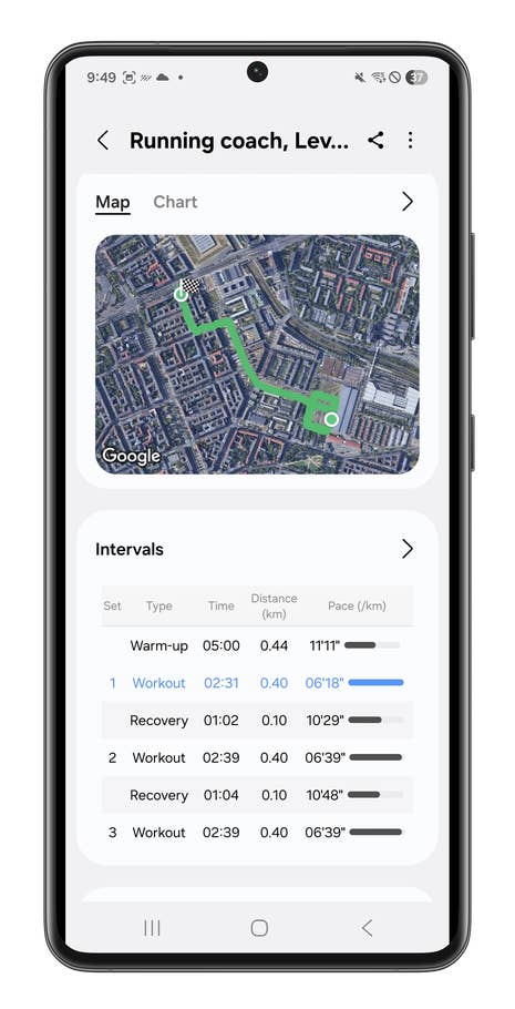 Samsung Galaxy Watch 8 Classic displaying a running coach app with map and interval details.