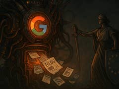 A stylized depiction of Google’s logo with a figure representing justice holding a sword and shield amid papers.