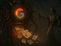 A stylized depiction of Google’s logo with a figure representing justice holding a sword and shield amid papers.