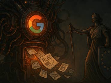 A stylized depiction of Google’s logo with a figure representing justice holding a sword and shield amid papers.