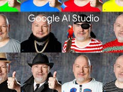 A collage of a man with various outfits, each giving a thumbs-up; text reads 'Google AI Studio'.
