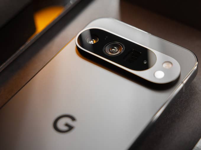 The Google Pixel 9 Pro XL seen from the back with a zoom on its photo module.