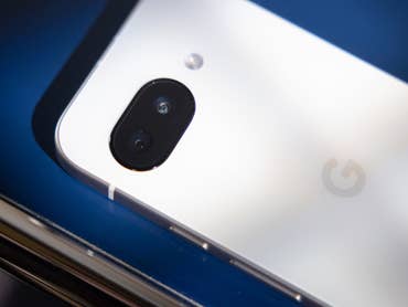Close-up of the rear camera of a Google Pixel 9a smartphone.
