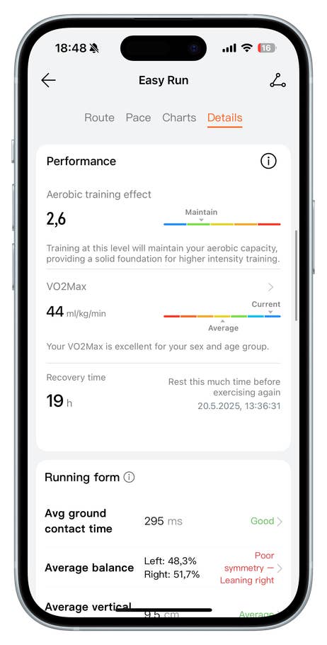 Performance details from the Huawei Watch Fit 4 Pro for an Easy Run workout.
