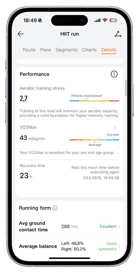 Huawei Watch Fit 4 Pro displaying HIIT run performance metrics.
