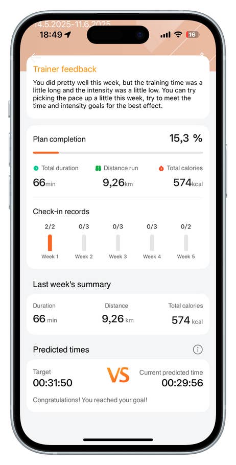 Huawei Watch Fit 4 Pro displaying trainer feedback and workout summary.