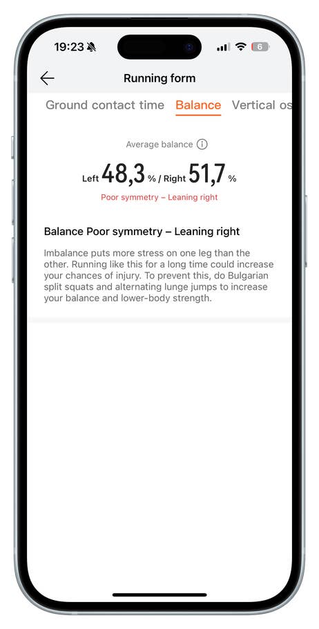 Huawei Watch Fit 4 Pro displaying running form with balance metrics and exercise recommendations.