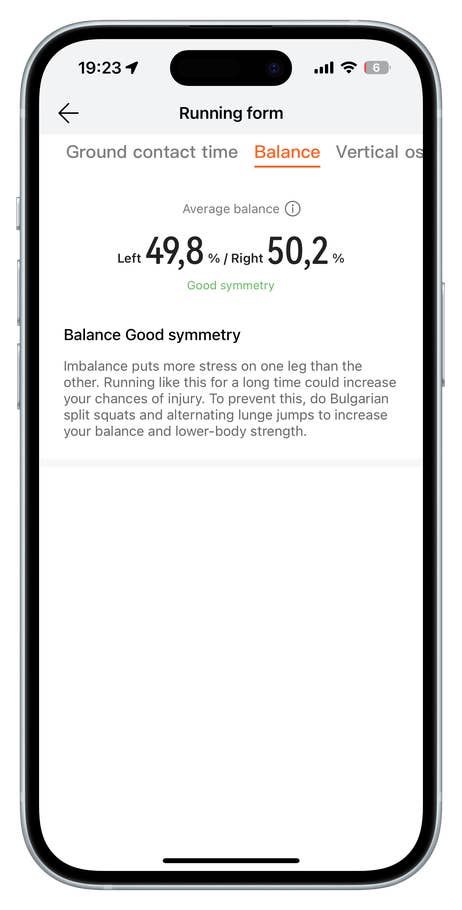 Huawei Watch Fit 4 Pro display showing running balance metrics with left 49.8% and right 50.2%.