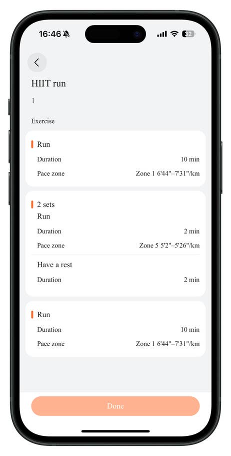 Huawei Watch Fit 4 Pro HIIT run screen showing exercise duration and pace zones.