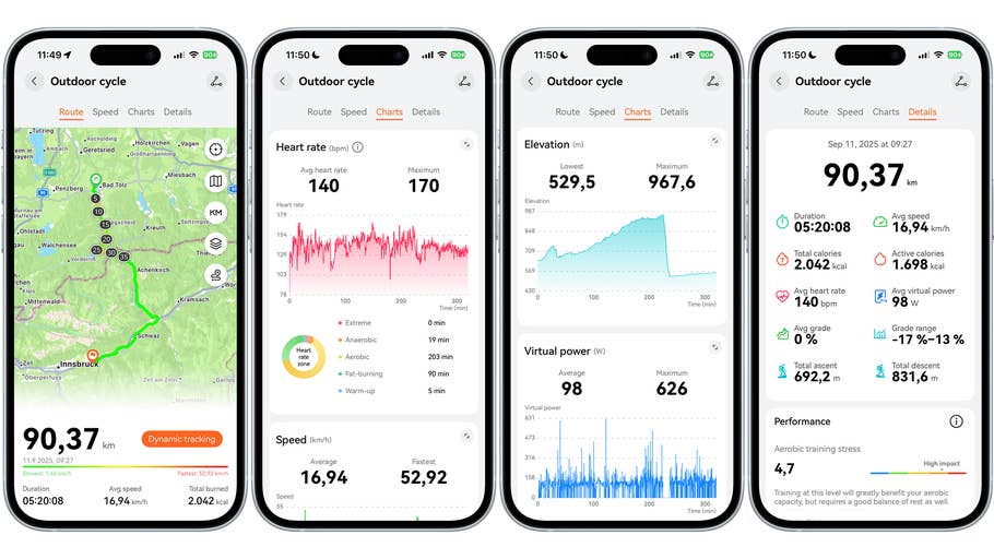 Huawei Watch GT 6 Pro interface displaying outdoor cycling stats and maps.