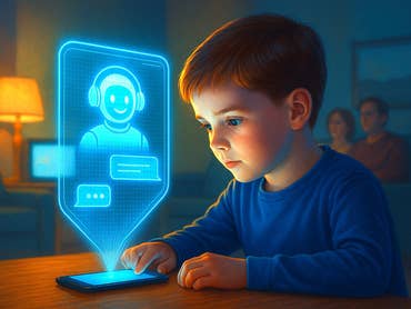 A child interacts with a smartphone displaying a virtual assistant.