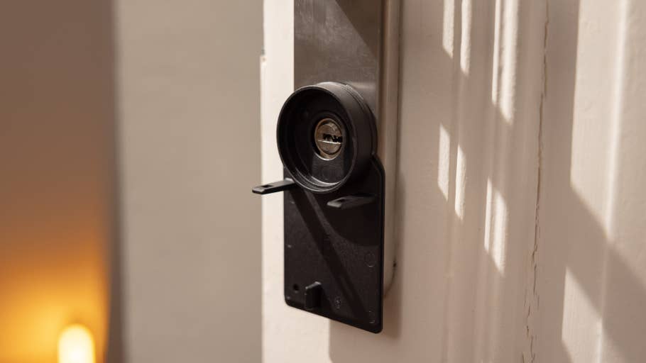 Close-up of a Nuki Smart Lock Pro mounted on a door.