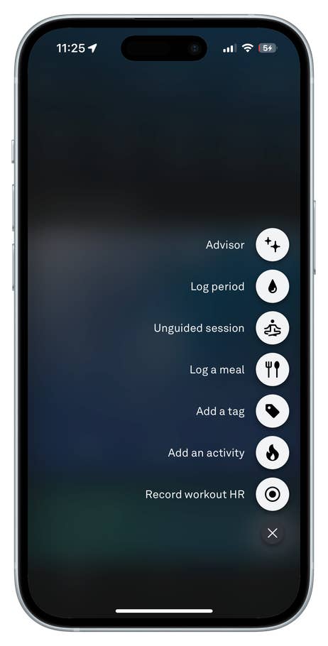 Oura Ring 4 app interface showing options to log activities and meals and record workout heart rate.