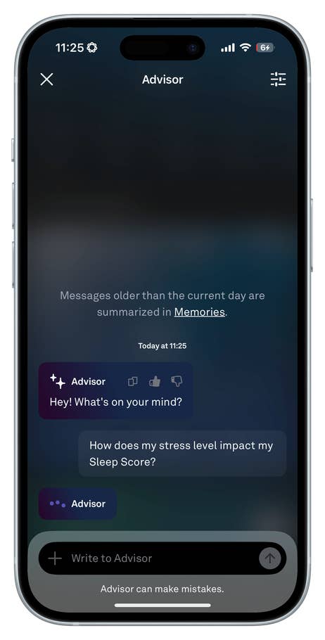 Oura Ring 4 app interface showing a conversation with an advisor about stress and sleep score.
