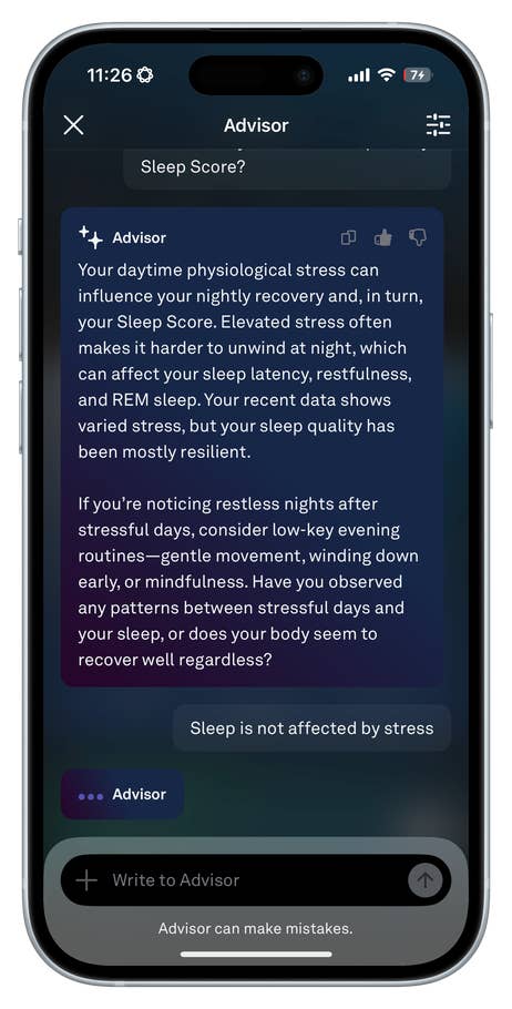 Oura Ring 4 app interface showing sleep score advice and stress impact on sleep quality.