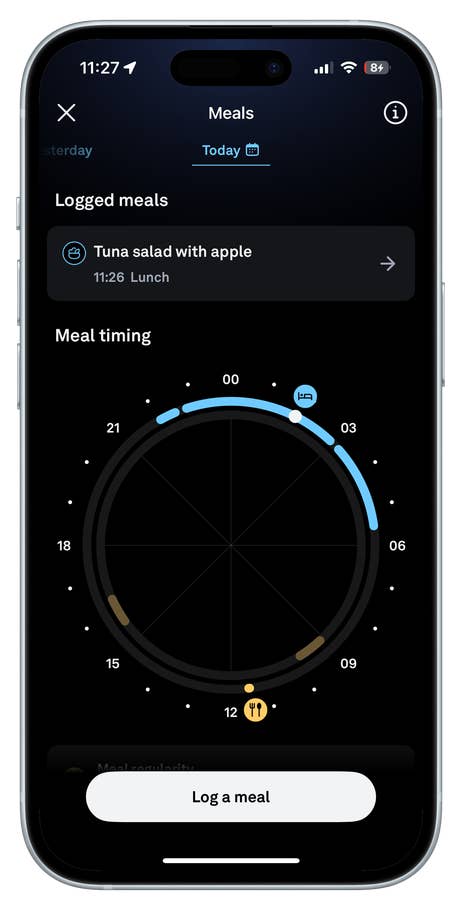 Oura Ring app interface showing logged meals and meal timing chart.