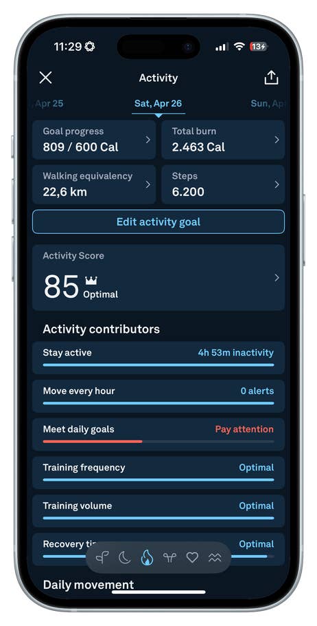 Oura Ring 4 activity summary on a smartphone screen showing goals, steps, and activity score.