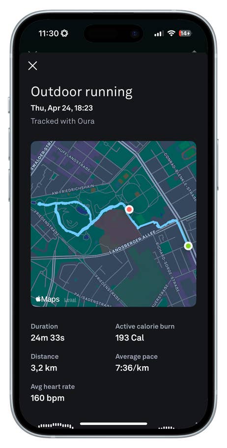 Oura Ring 4 activity tracker showing outdoor running stats on smartphone.