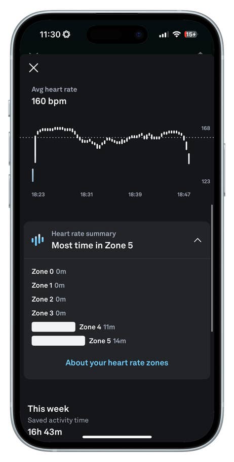 Oura Ring 4 heart rate app displaying average heart rate of 160 bpm and time spent in different heart rate zones.