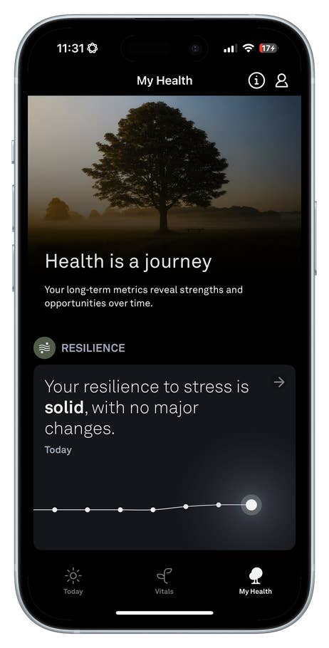 Oura Ring 4 app interface displaying health metrics and resilience summary.