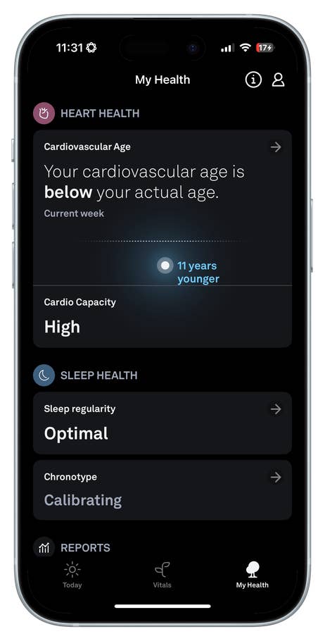 Oura Ring 4 app screen displaying heart health metrics and sleep health status.
