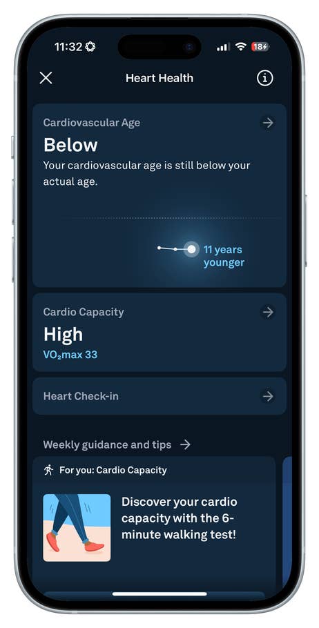 Oura Ring 4 app screen showing cardiovascular age and cardio capacity metrics.